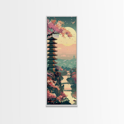 Japanese Pagoda Among Sakura Trees Under Yellow Moon Tall Art Skinny Art Framed Canvas Print Japanese Style Art Ukiyo-e Wood Block Print