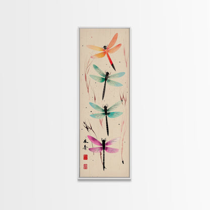 Dragonflies In Flight With Delicate Details Japanese Style Framed Canvas Print, Wall Art Ready To Hang For Nature Lovers