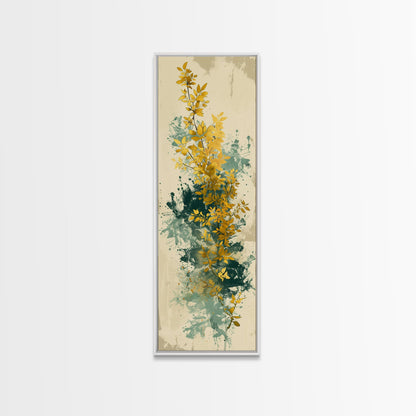 Golden Foliage Set Against Green Textured Background Skinny Art Tall Art Framed Canvas Print Japanese Style Art Ukiyo-e Art Wood Block Print Natural Elegant