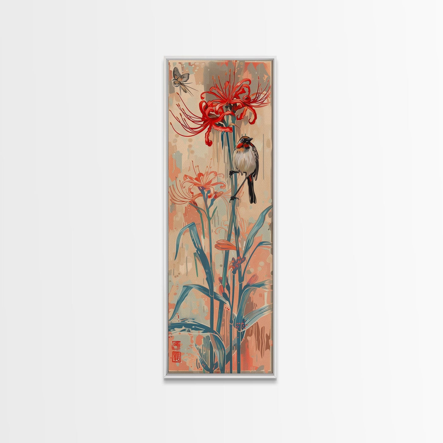 Bird Perched On Bright Red Lily Flower Skinny Art Tall Art Framed Canvas Print Japanese Style Art Ukiyo-e Art Wood Block Print Floral Detailed
