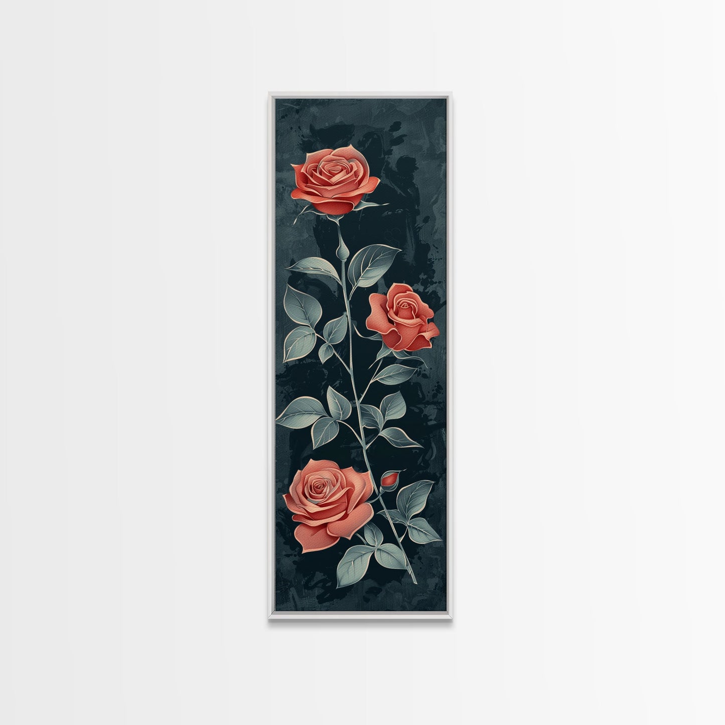 Deep Red Roses With Dark Green Foliage Skinny Art Tall Art Framed Canvas Print Japanese Style Art Ukiyo-e Art Wood Block Print Elegant Floral