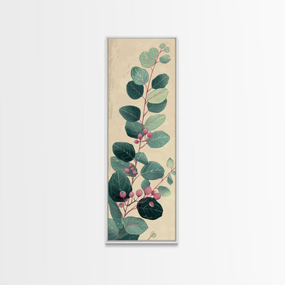 Delicate Green Leaves And Pink Buds On A Branch Against A Textured Background, Skinny Art Tall Wall Art Framed Canvas Print Japanese Style Art