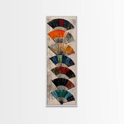 Seven Japanese Fans In Various Colors Arranged Vertically On A Textured Background, Skinny Art Tall Wall Art Framed Canvas Print Japanese Style Art