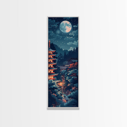 Peaceful Japanese Temple And Pagoda Under A Full Moon, Skinny Art Tall Wall Art Framed Canvas Print Japanese Style Art