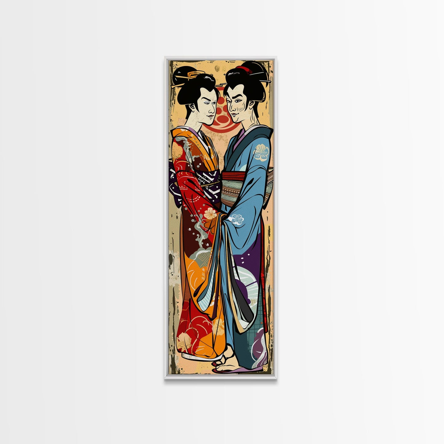 Japanisches Paar im traditionellen Kimono, Hochformatiger, schlanker, gerahmter Leinwanddruck für die Wand