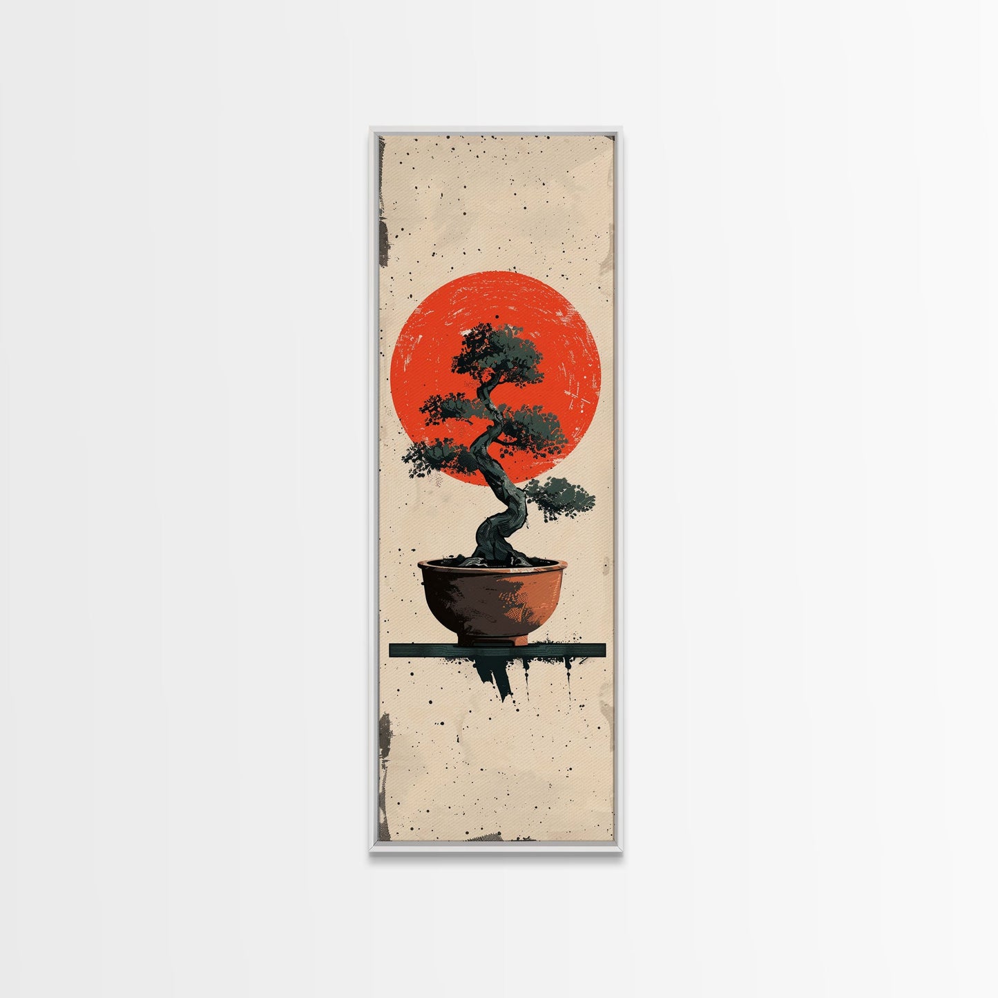 Canvas Print Bonsai Tree Silhouette Against Red Sun, Minimalistic Japanese Style Art For Modern Home, Wall Decoration