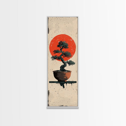 Canvas Print Bonsai Tree Silhouette Against Red Sun, Minimalistic Japanese Style Art For Modern Home, Wall Decoration