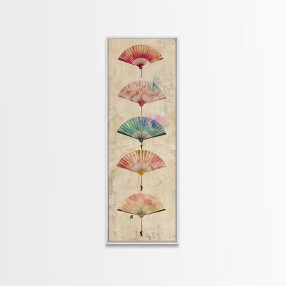 Japanese Folding Fans Cultural Art On Framed Canvas Print In Ukiyo-e Style Tall Skinny Traditional Wood Block Wall Decor