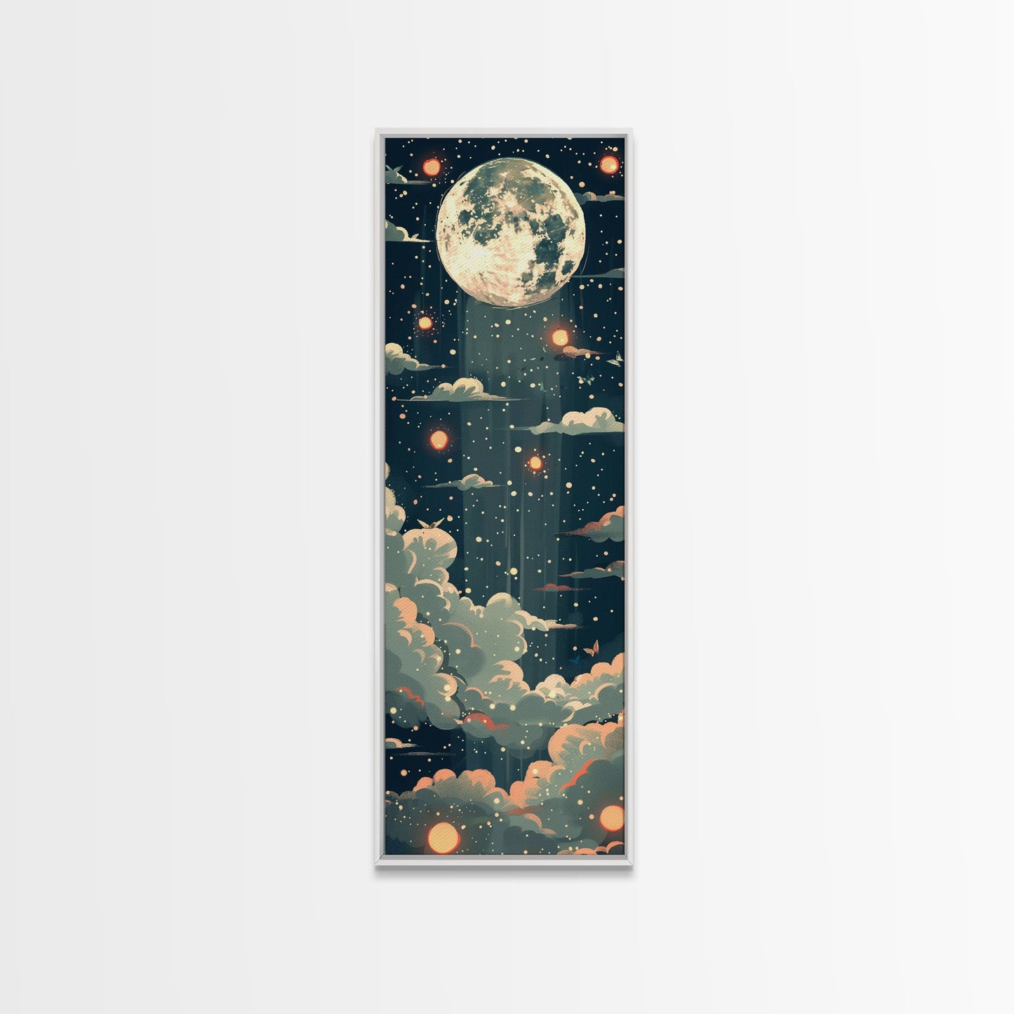 Moonlit Night With Japanese Lanterns Art On Framed Canvas Print In Ukiyo-e Style Tall Skinny Ethereal Wood Block Wall Decor