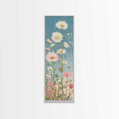 White Daisies Blossoms Japanese Tall Wall Art Blue Background Skinny Framed Canvas Print Ukiyo-e Style