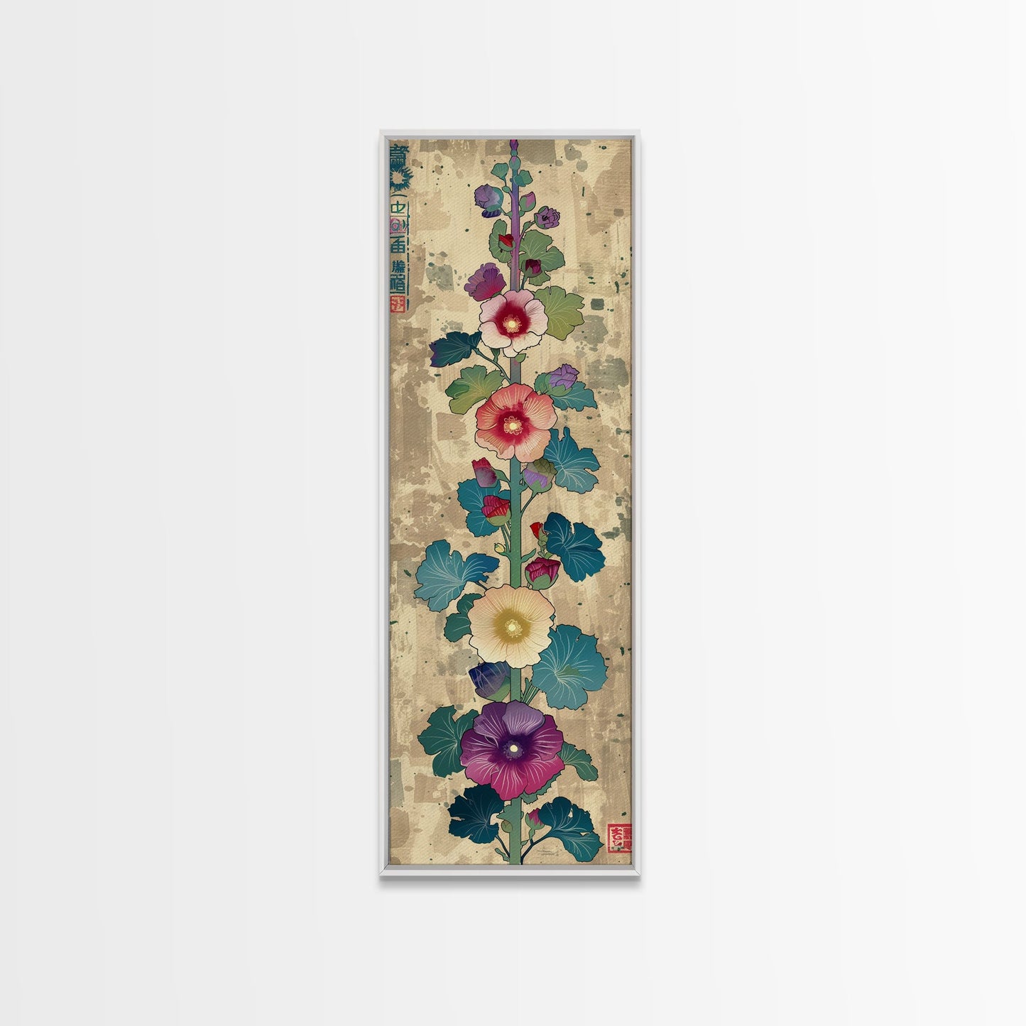 Colorful Hollyhock Flowers Traditional Japanese Woodblock Style Tall Skinny Framed Canvas Print Wall Art