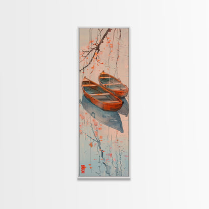 Two Wooden Boats Water Cherry Blossoms Reflected Japanese Style Tall Wall Art Skinny Framed Canvas Print