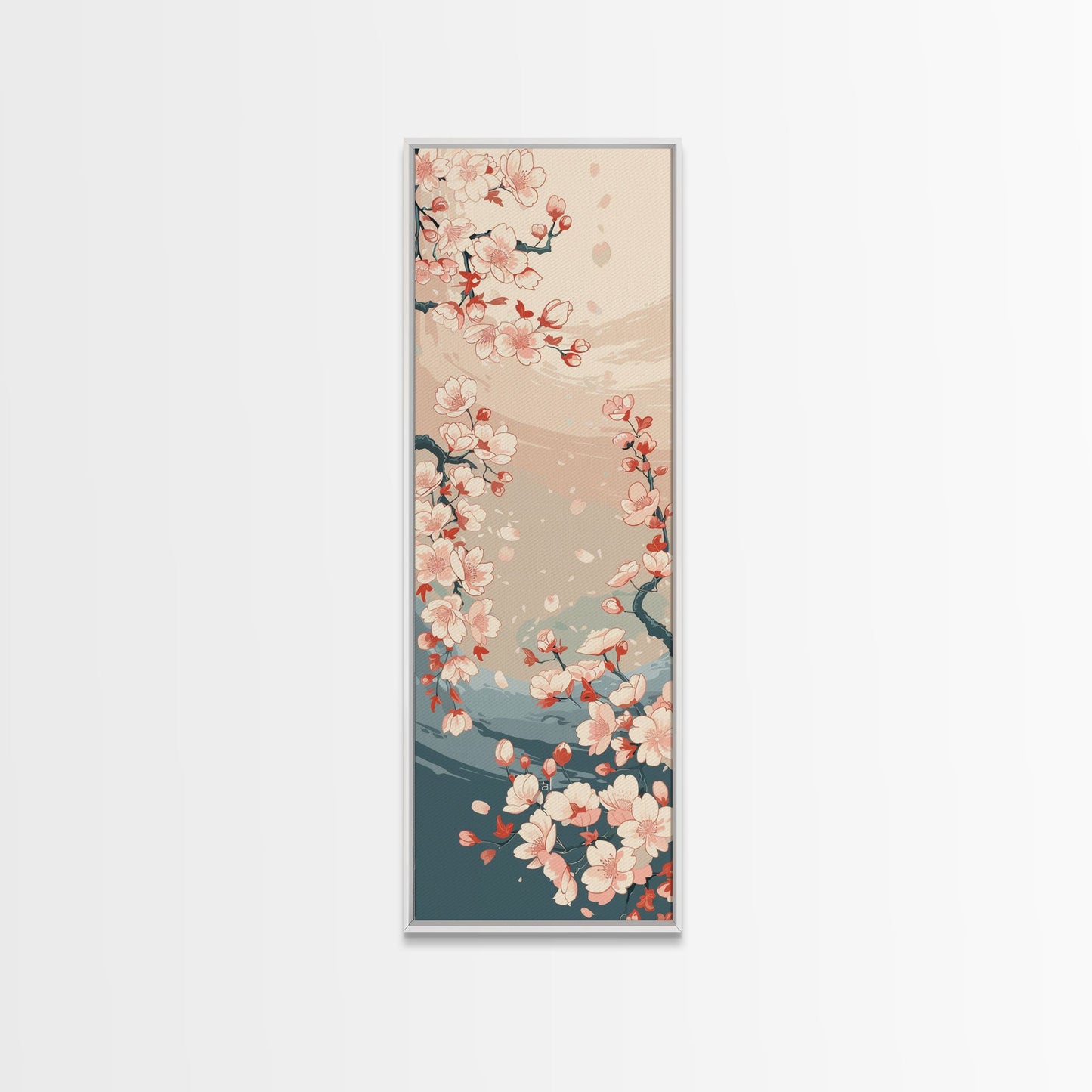 Cherry Blossom Branches Pale Background Japanese Style Tall Skinny Framed Canvas Print Wall Art