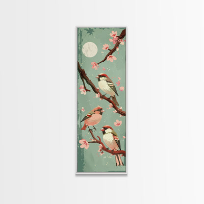 Delicate Sparrows Perched On Cherry Blossoms Under Full Moon Serene Nighttime Setting Captured Tall Framed Canvas Print Nature Scene