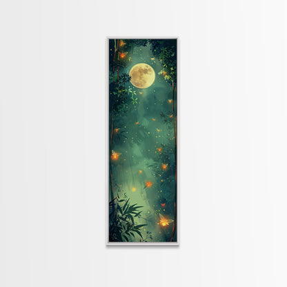 Enchanting Fireflies Illuminating Nighttime Forest Scene Under Full Moon Tall Framed Canvas Print Adding Magical Touch