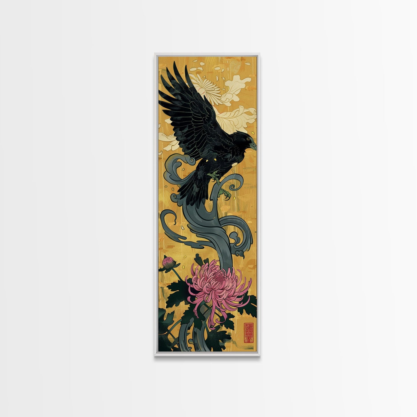 Canvas Print Japanese Eagle In Flight Over Chrysanthemum Flowers, Bold Traditional Art For Statement Wall Piece, Cultural Home Decor
