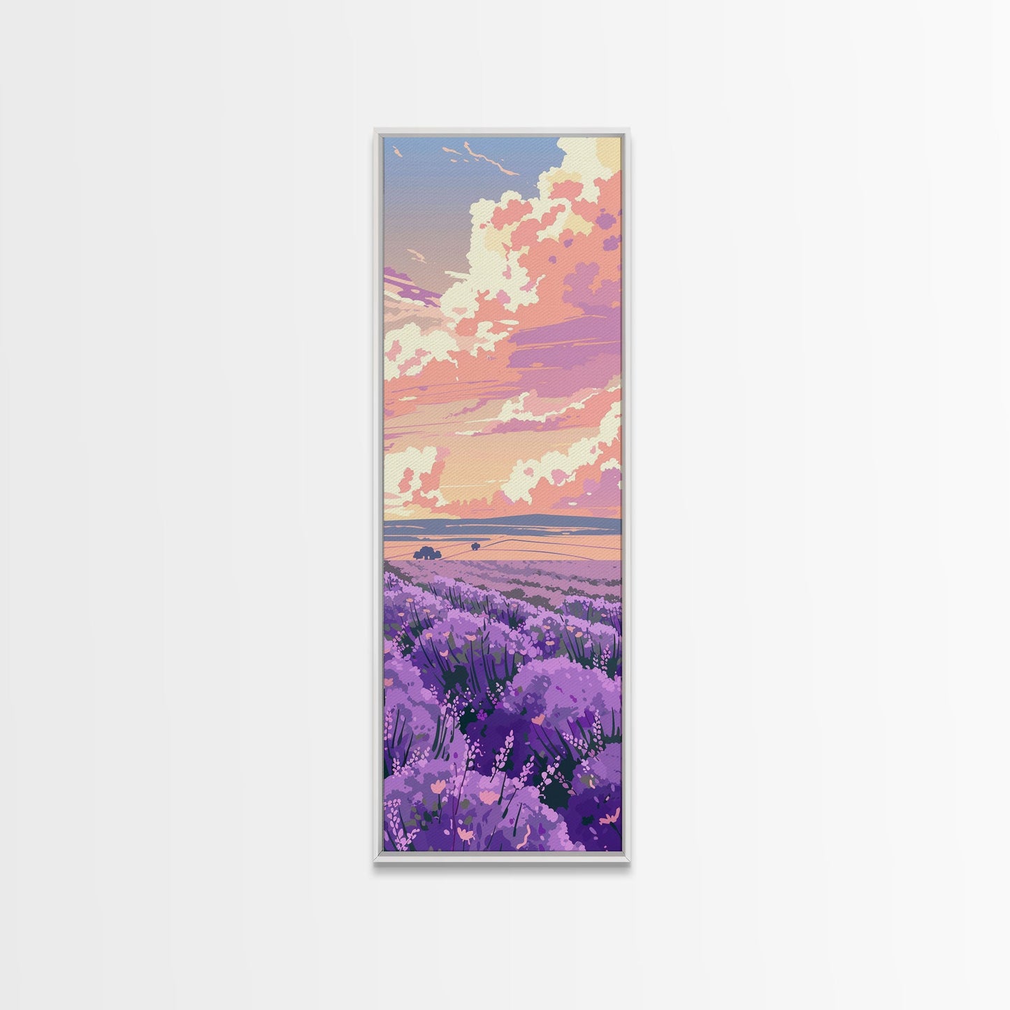 Expansive Lavender Field Beneath a Dramatic Cloudy Sky in Warm Pastel Hues Ukiyo-e Art Japanese Framed Canvas Print Skinny Tall Art