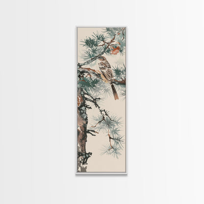 Canvas Print Sparrow Perched On Pine Tree Branch, Subtle And Serene Japanese Nature Scene For Tranquil Home Decor, Wall Decoration