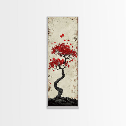 Red Maple Bonsai Tree Japanese Art Skinny Wall Art Framed Canvas Print with Windswept Branches and Red Leaves