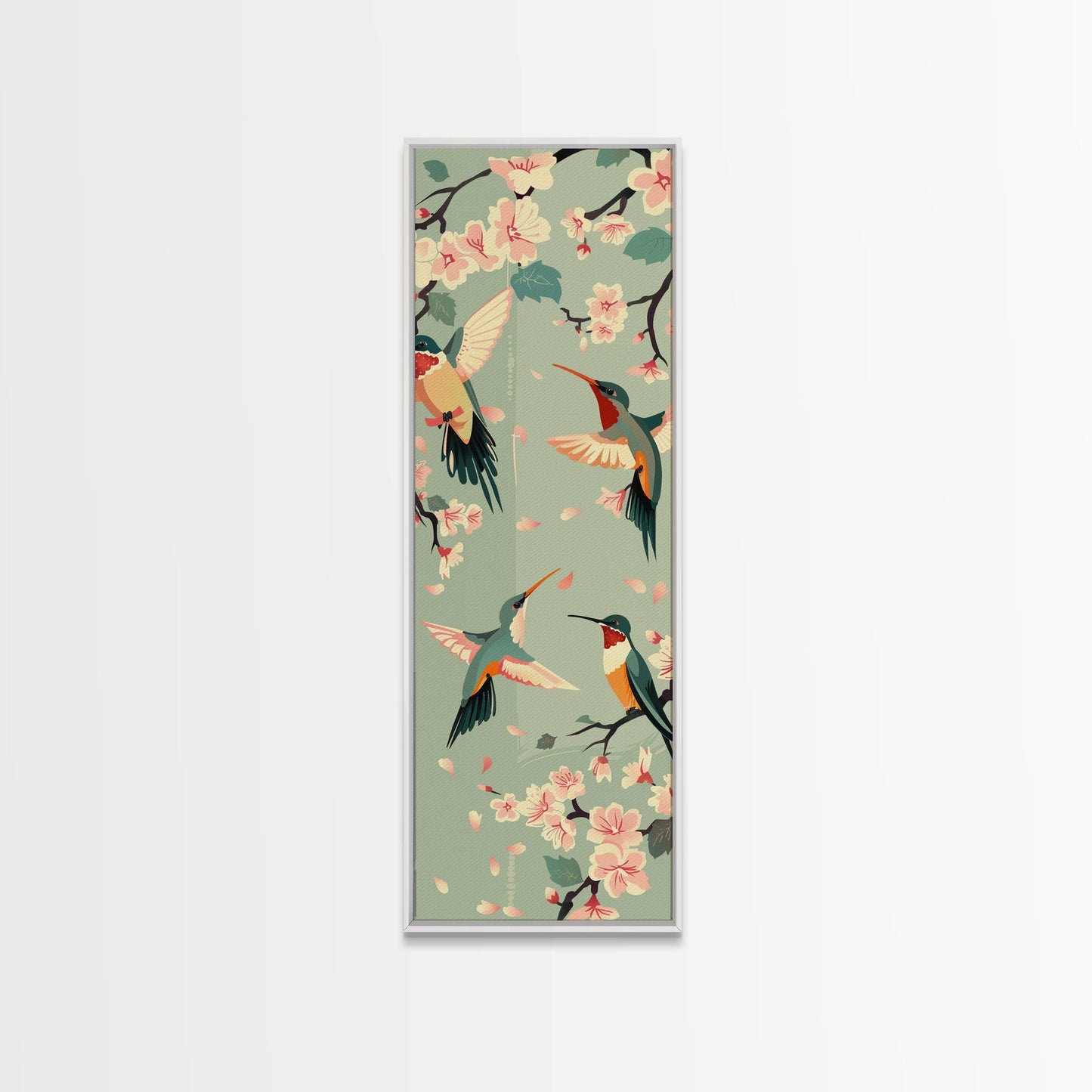 Hummingbirds And Cherry Blossoms In Japanese Style Canvas, Ukiyo-e Inspired Woodblock Art, Framed Canvas Print, Japanese Tall Skinny Wall Art, Ready To Hang