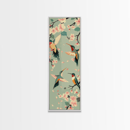 Hummingbirds And Cherry Blossoms In Japanese Style Canvas, Ukiyo-e Inspired Woodblock Art, Framed Canvas Print, Japanese Tall Skinny Wall Art, Ready To Hang