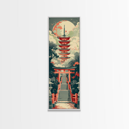 Japanese Style Art, Tall Art, Skinny Art, Pagoda Temple Wood Block Print Framed Canvas Print Ukiyo-e Art