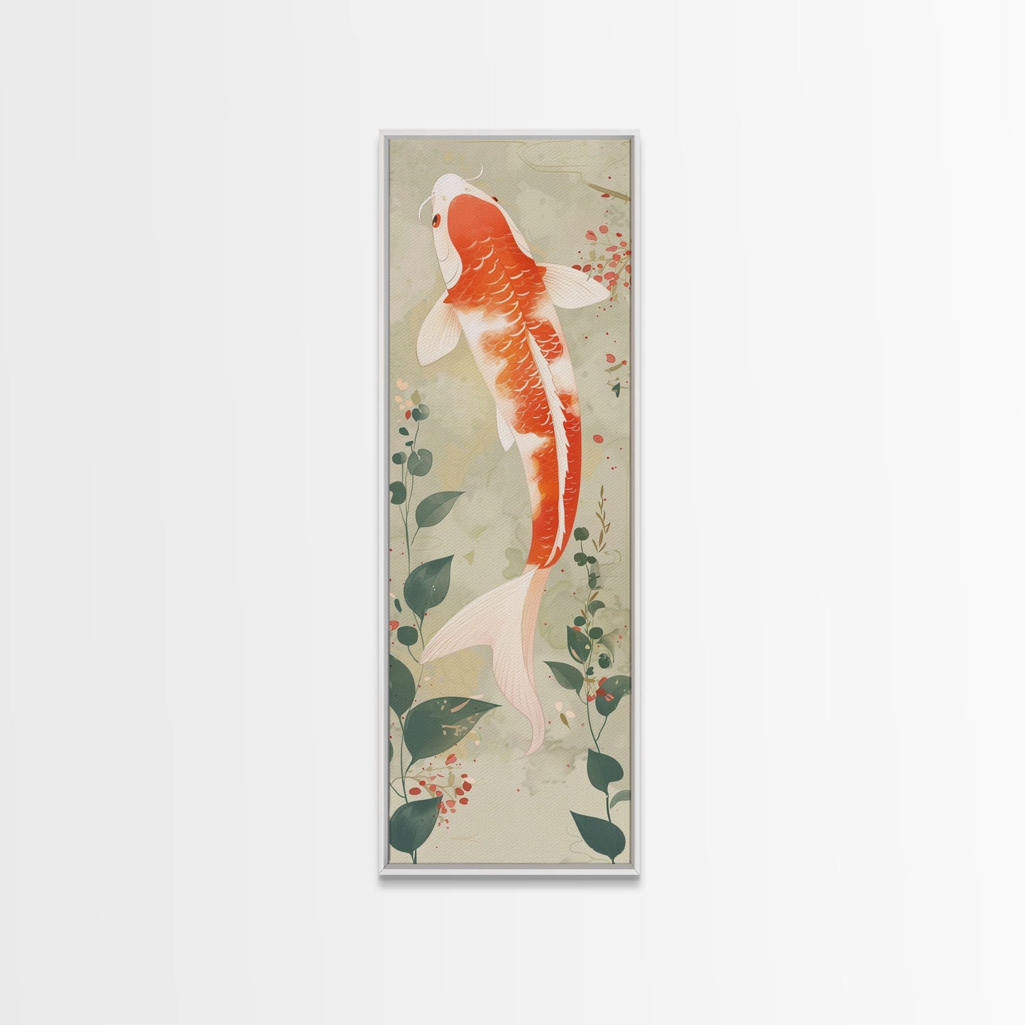 Koi Fish Swimming Gracefully Among Greenery Tall Art Ukiyo-e Art Framed Canvas Print