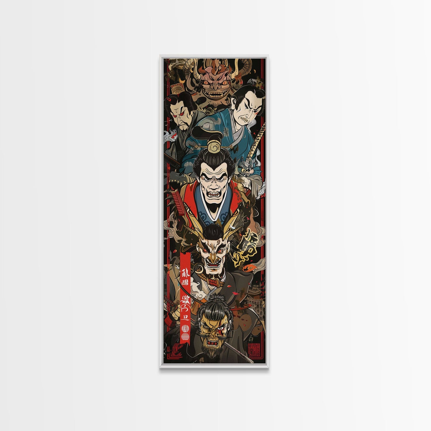 Fierce Samurai Warriors With Oni Mask Tall Art Ukiyo-e Art Wood Block Print Framed Canvas Print