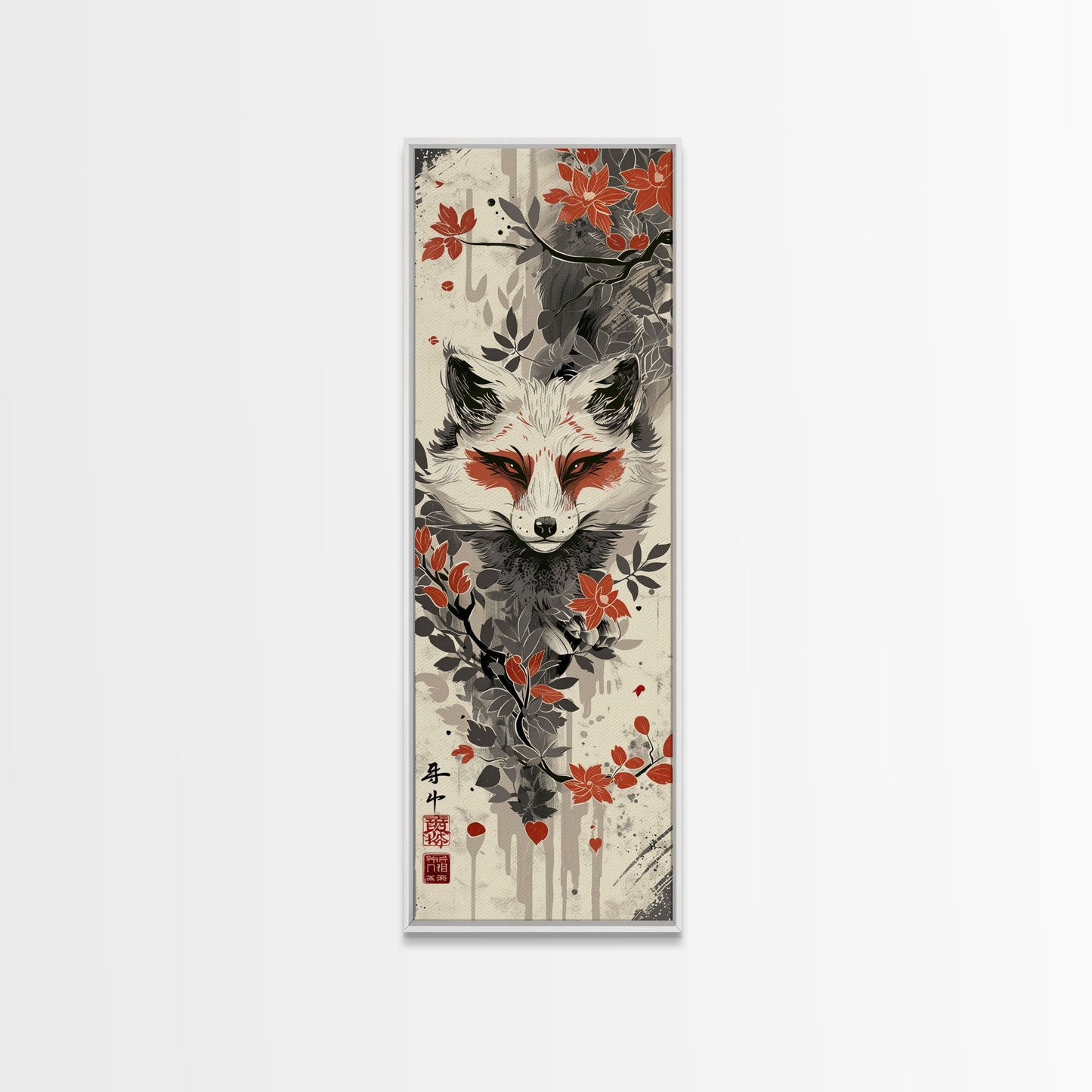 Fox Head Amidst Red Flowers On Textured Background Skinny Art Wood Block Print Framed Canvas Print