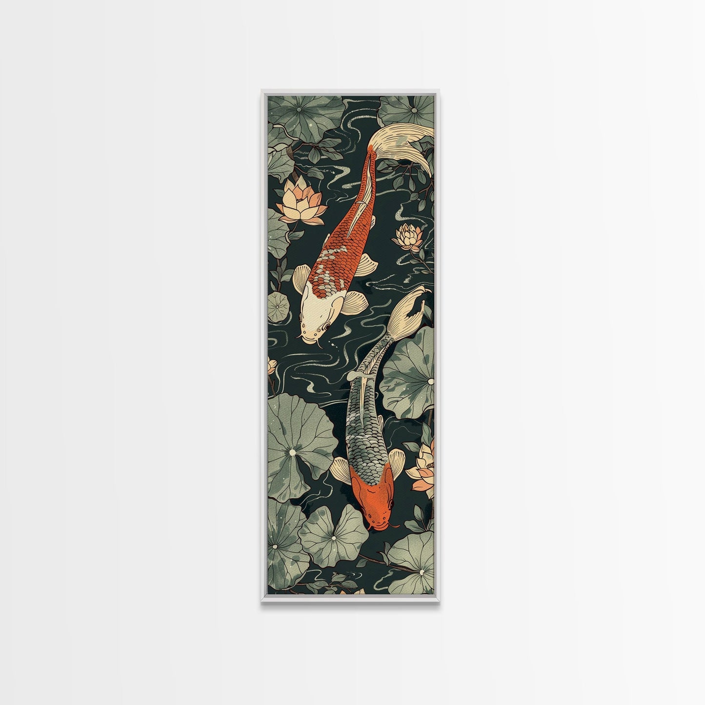 Koi Fish Swimming Gracefully Among Lotus Flowers – Framed Canvas Print Highlighting Skinny Art And Tall Art In Ukiyo-E Art And Japanese Style Art