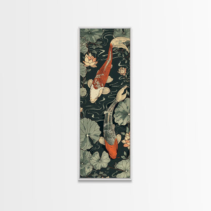 Koi Fish Swimming Gracefully Among Lotus Flowers – Framed Canvas Print Highlighting Skinny Art And Tall Art In Ukiyo-E Art And Japanese Style Art