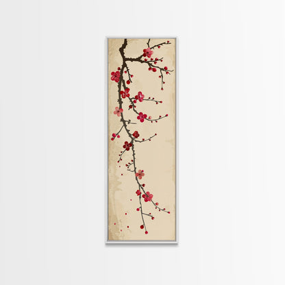Minimalist Branch Of Red Cherry Blossoms Against Beige Background For Asian-Inspired Wall Art Decor Framed Canvas Print