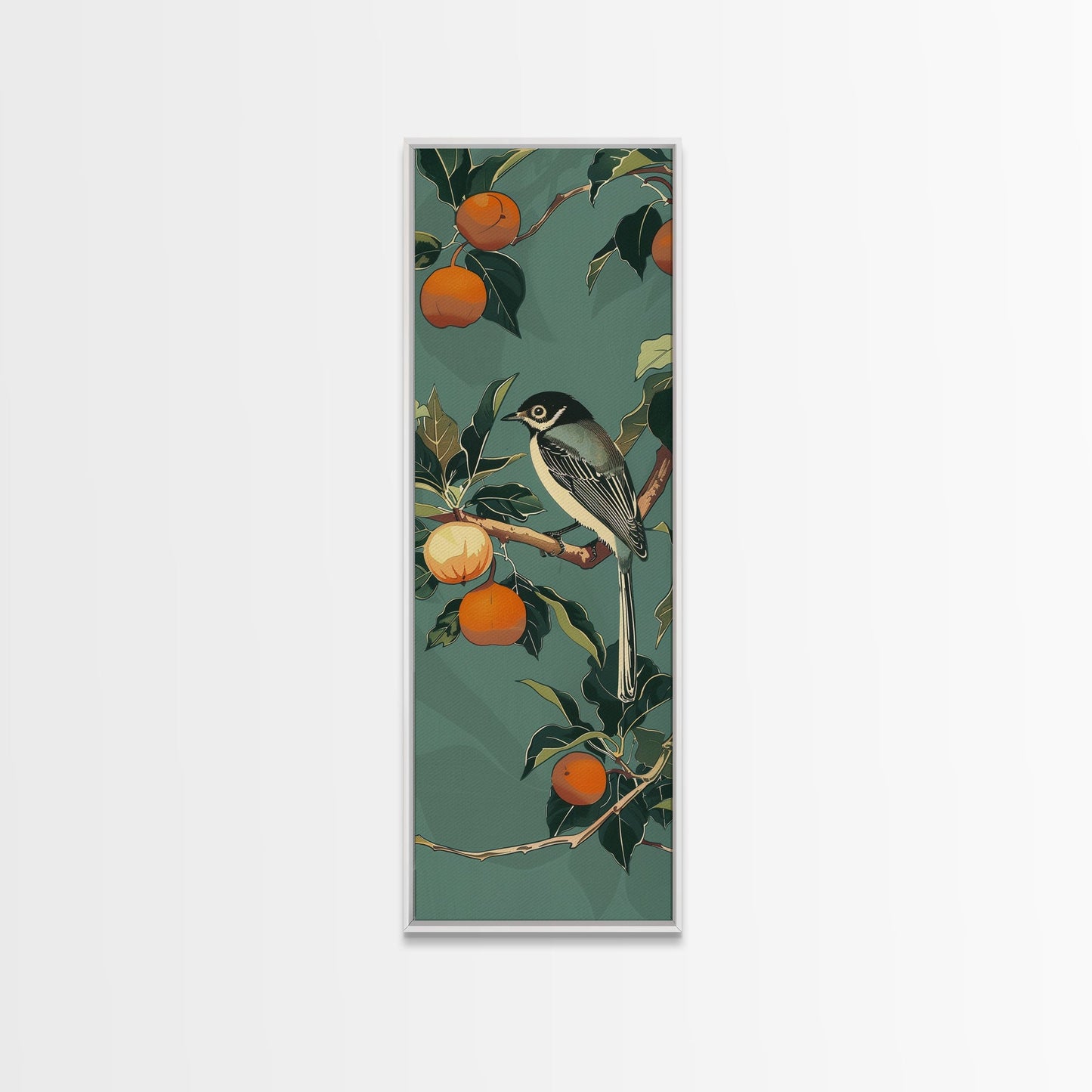 Elegant Bird Among Persimmons On A Green Canvas, Skinny Wall Art With Framed Canvas Print In Japanese Style Art For Feng Shui Decor