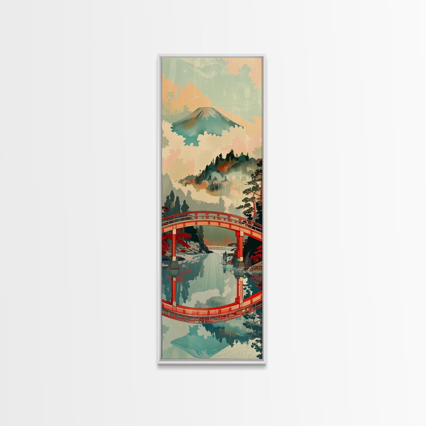 Atemberaubendes Motiv des Berges Fuji mit Spiegelung der roten Brücke, schmaler, hoher Leinwanddruck mit Rahmen, japanisches Wandbild im Feng-Shui-Stil
