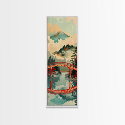 Atemberaubendes Motiv des Berges Fuji mit Spiegelung der roten Brücke, schmaler, hoher Leinwanddruck mit Rahmen, japanisches Wandbild im Feng-Shui-Stil