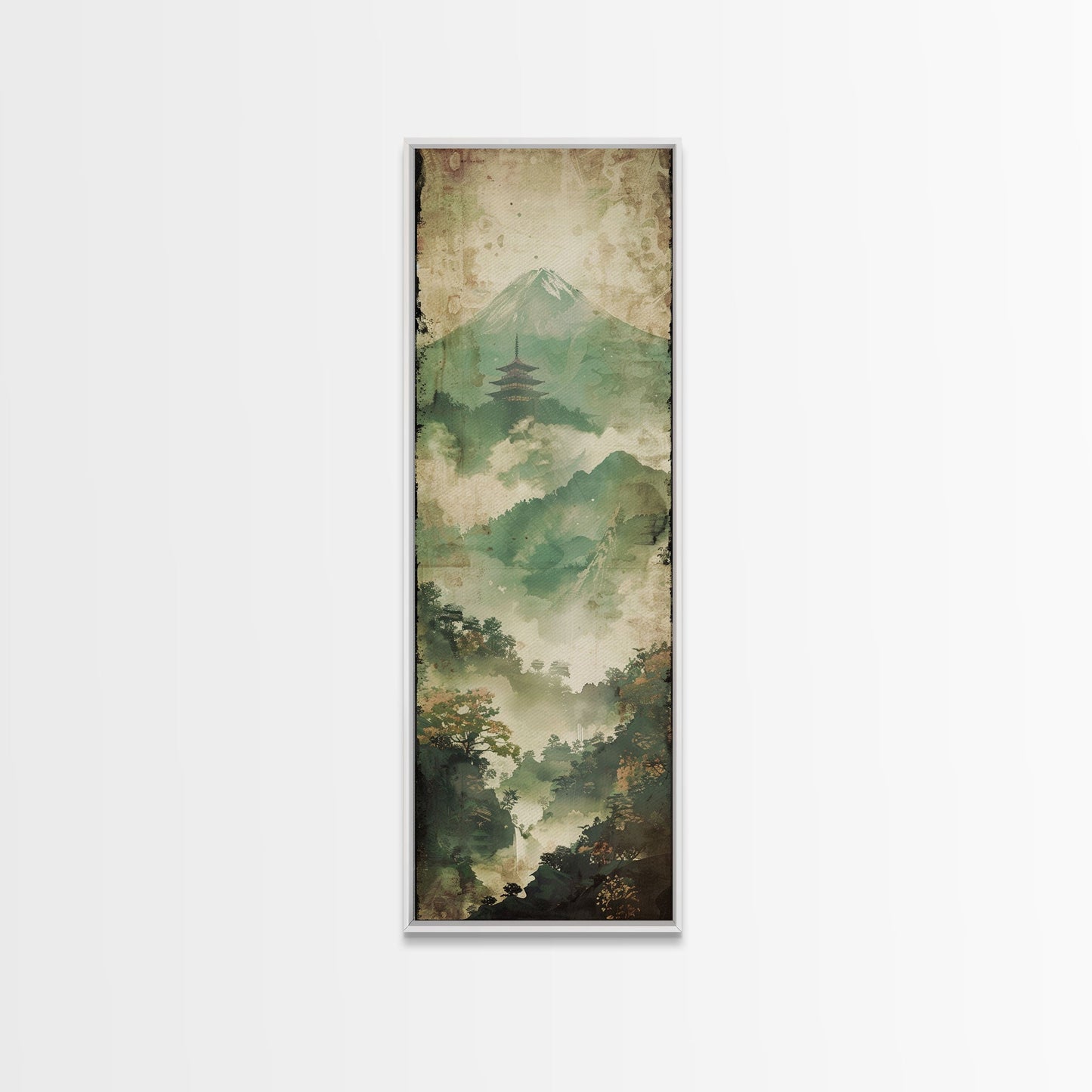 Skinny Art Tall Art Framed Canvas Print Japanese Style Art Foggy Mountain Temple Landscape Wood Block Print Ukiyo-e Feng Shui Wall Art