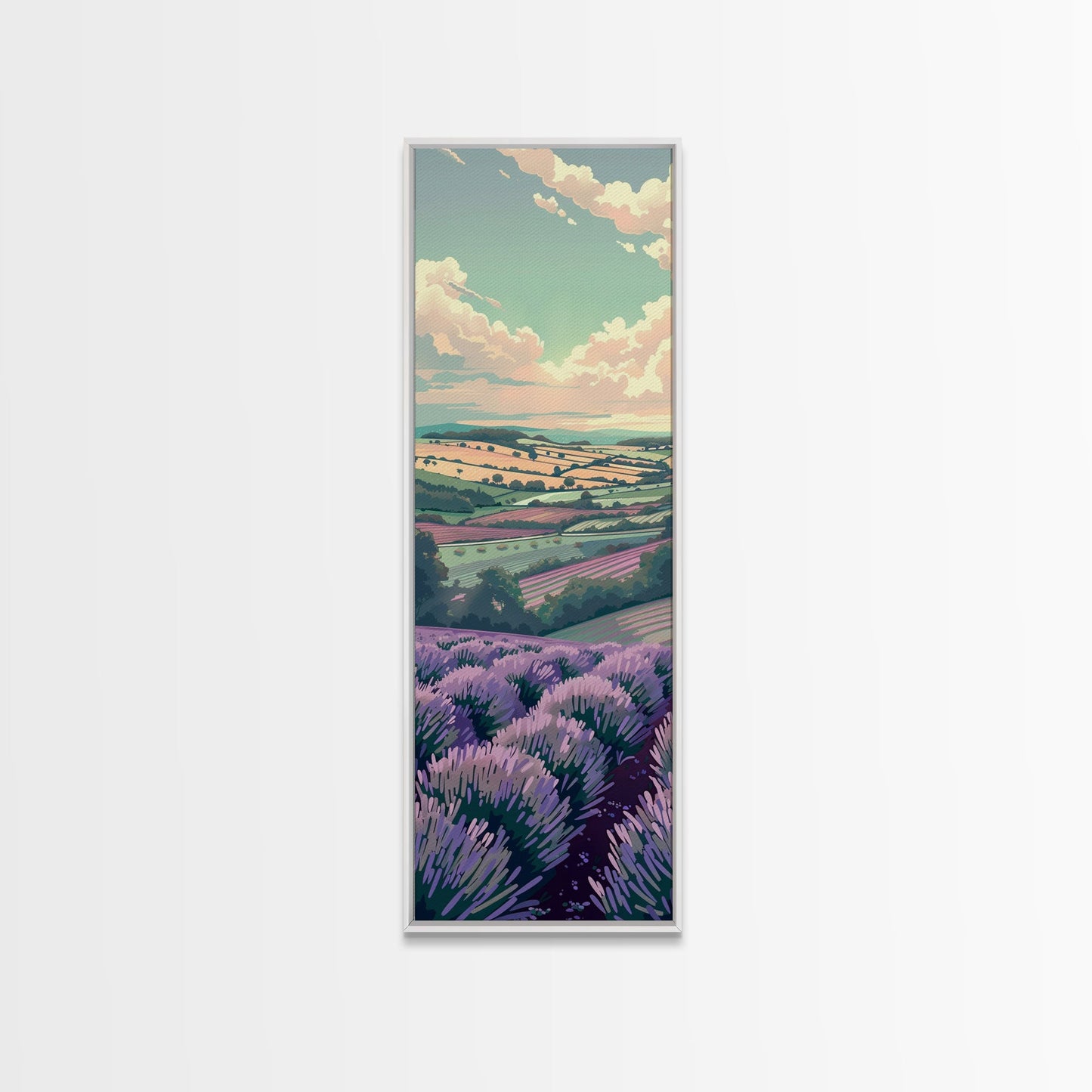 Lavender Fields With Rolling Hills - Skinny Art Tall Art Framed Canvas Print Japanese Style Art Ukiyo-e Art