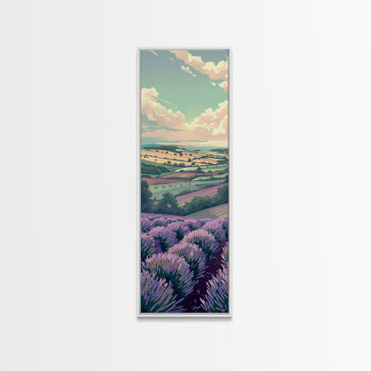 Lavender Fields With Rolling Hills - Skinny Art Tall Art Framed Canvas Print Japanese Style Art Ukiyo-e Art