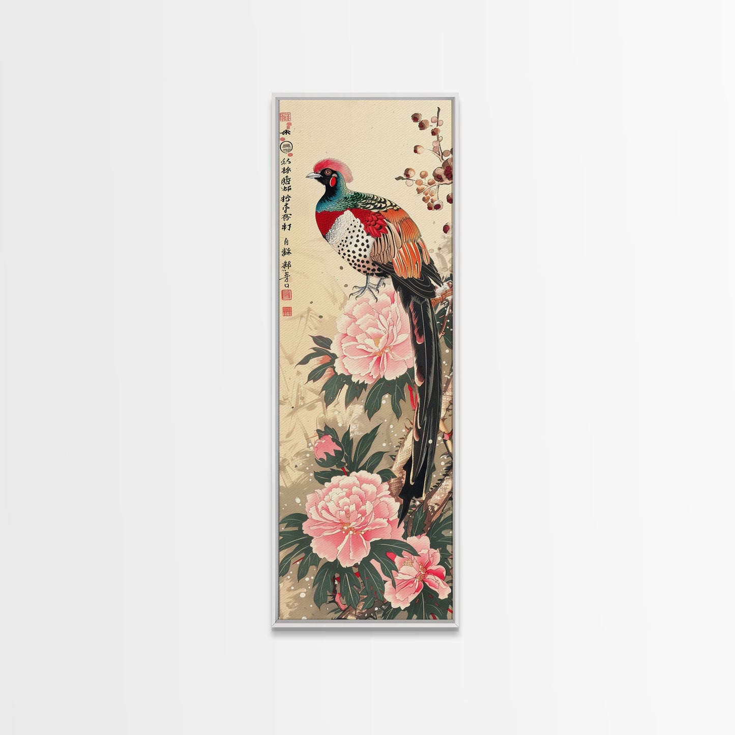Majestic Pheasant Among Blossoms And Red Berries In Traditional Ukiyo-e Art Framed Canvas Print Japanese Style Skinny Art Tall Art