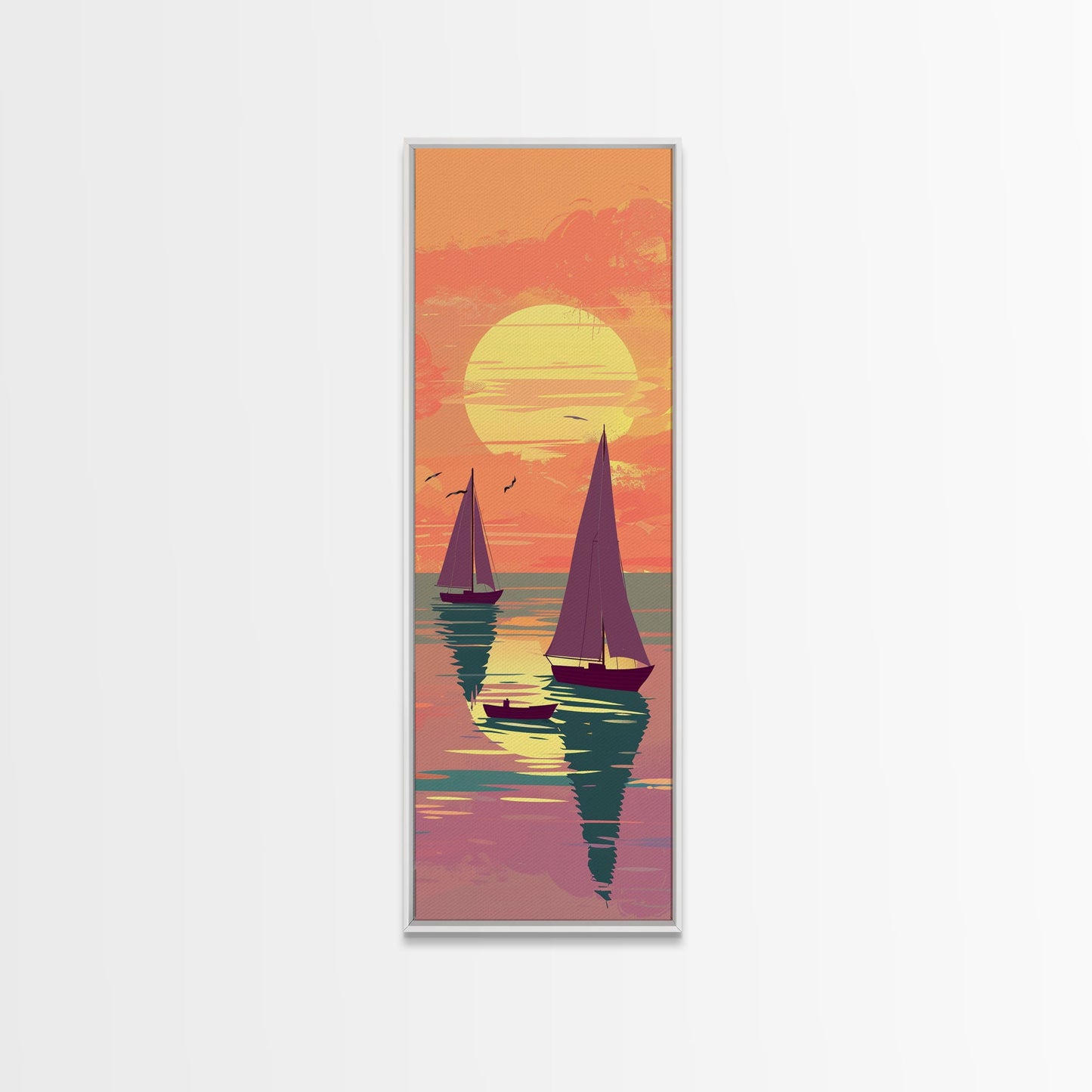 Sailing Boats In The Sunset Over Serene Waters In Japanese Style Ukiyo-e Art Framed Canvas Print Skinny Art Tall Art