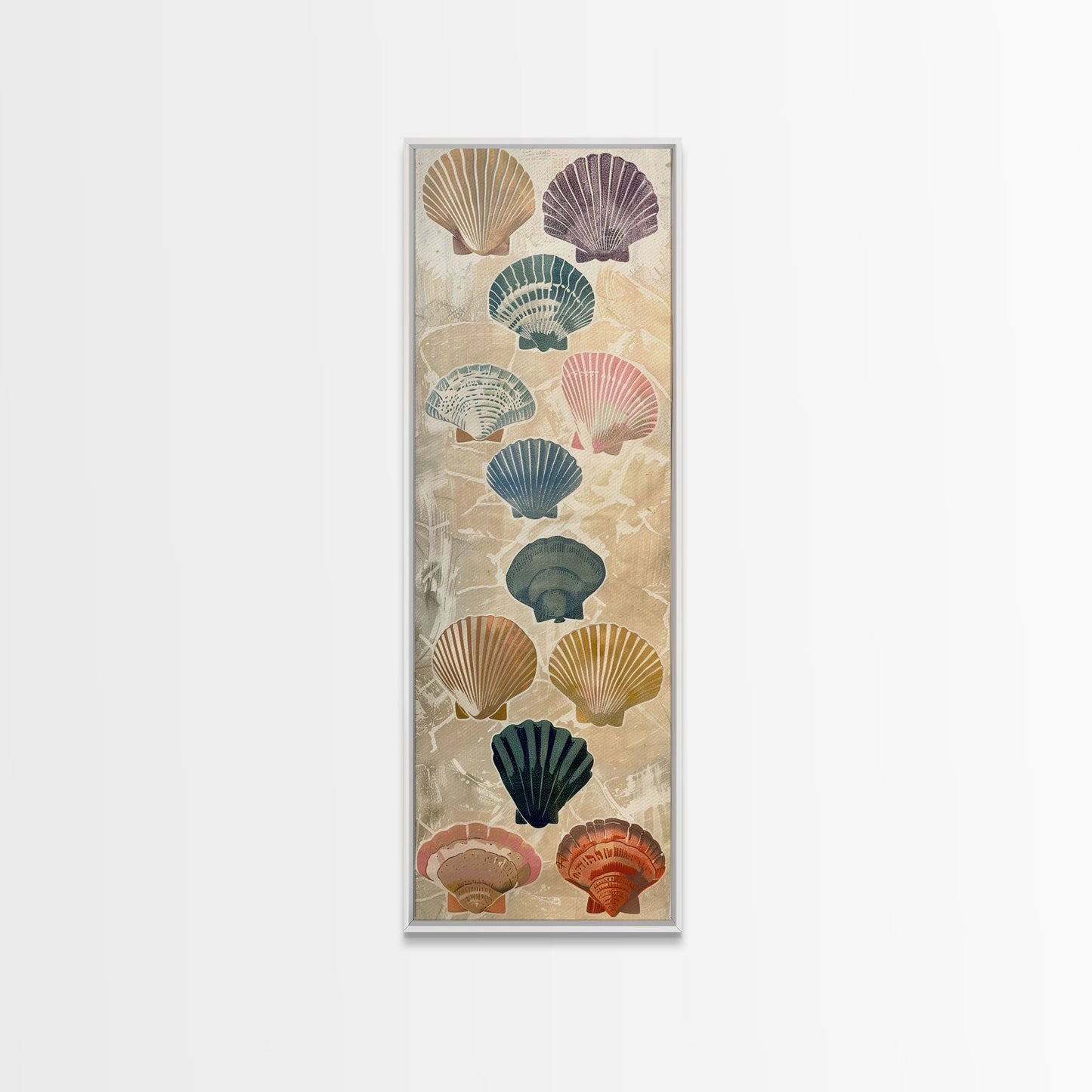 Colorful Shells On Textured Background Skinny Art Wood Block Print Japanese Style Art Framed Canvas Print Tall Art Ukiyo-e Art