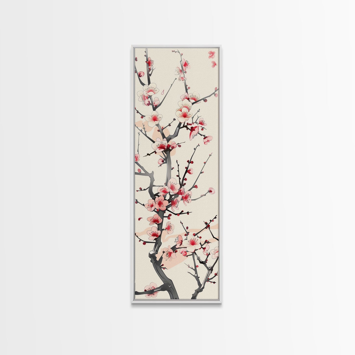Delicate Plum Blossoms Skinny Art Tall Art Japanese Ukiyo-e Inspired Botanical Framed Canvas Print for Sophisticated Interiors