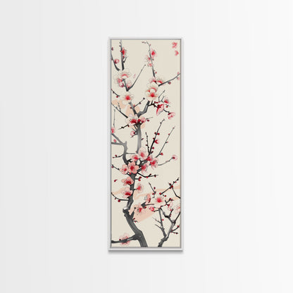 Delicate Plum Blossoms Skinny Art Tall Art Japanese Ukiyo-e Inspired Botanical Framed Canvas Print for Sophisticated Interiors