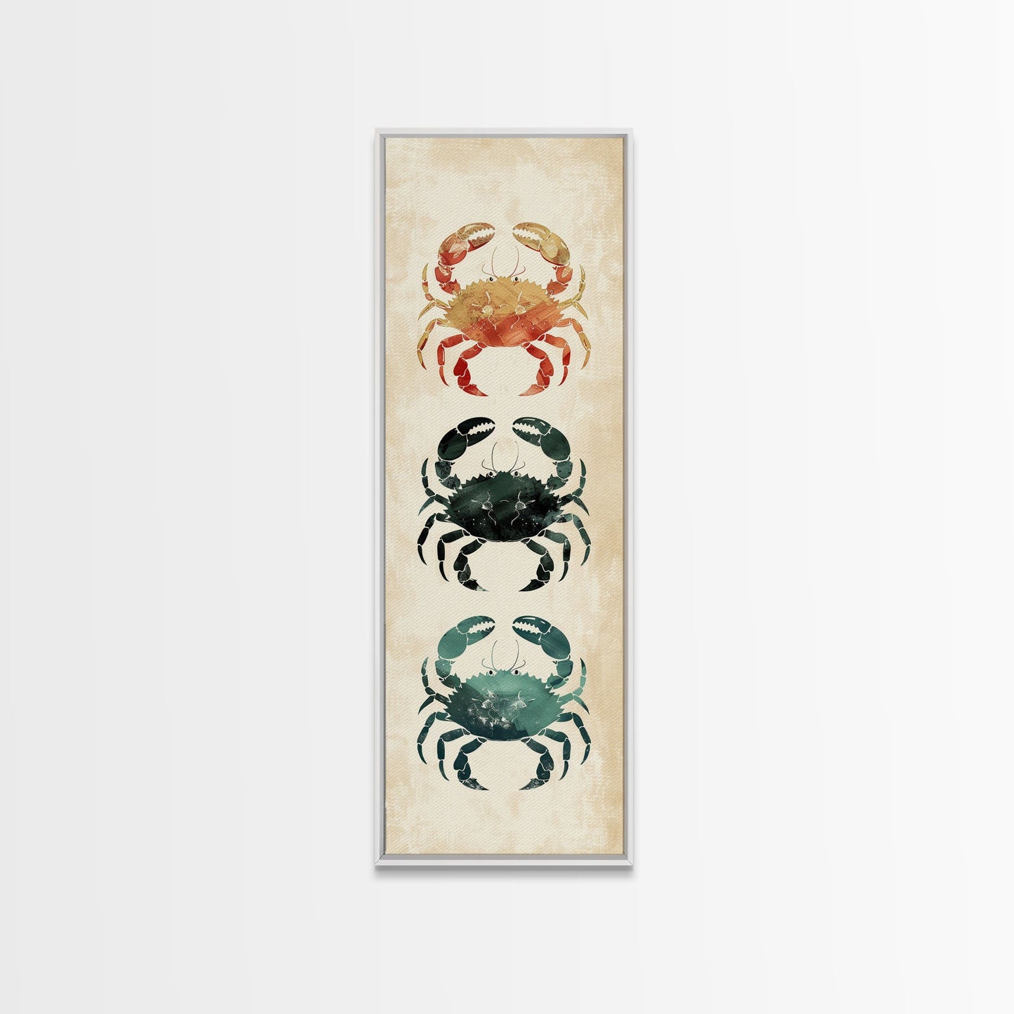 Coastal Crabs Skinny Art Tall Art Japanese Ukiyo-e Inspired Nautical Framed Canvas Print for Beach House or Ocean Lovers