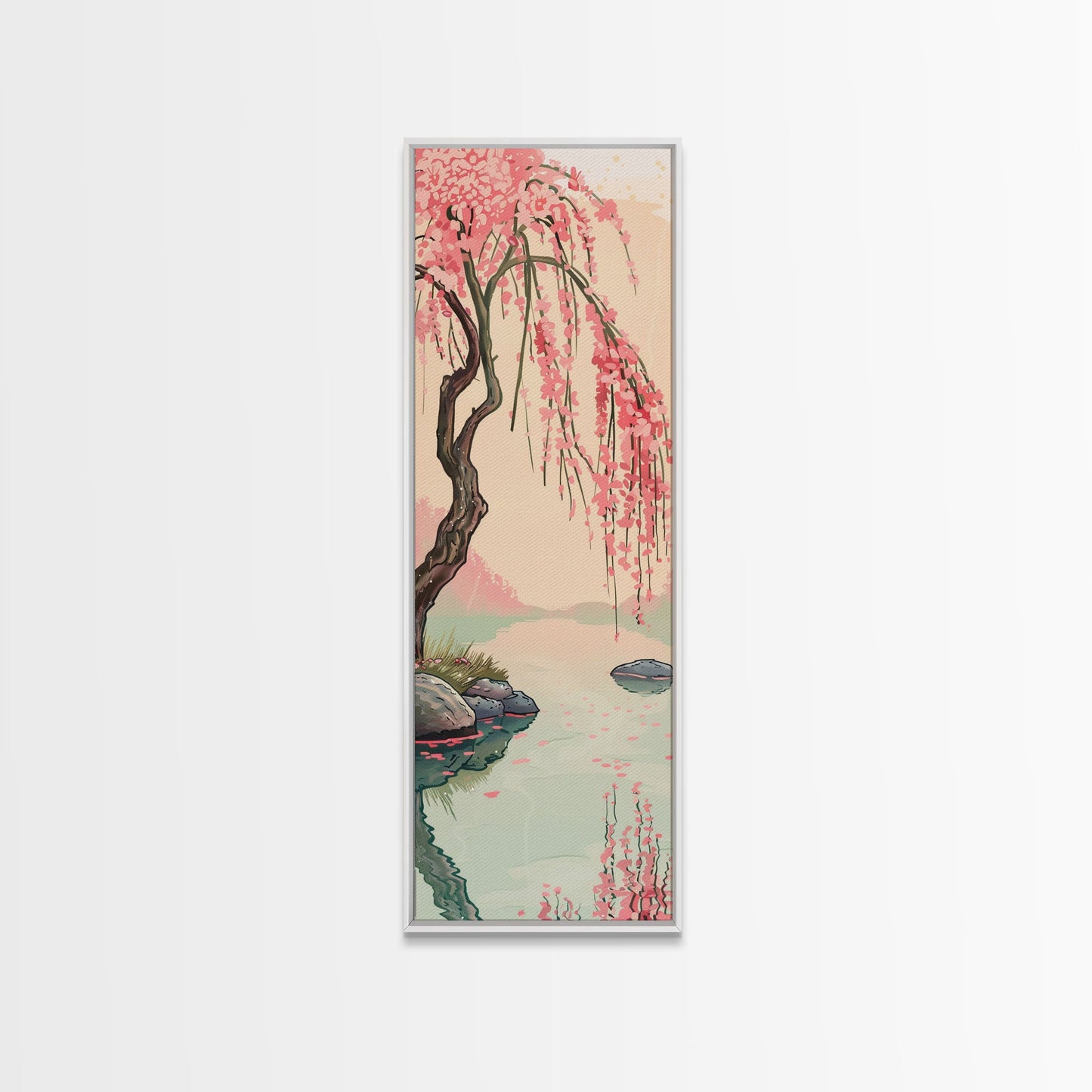 Serene Weeping Cherry Tree with Gentle Reflections in Water - Skinny Art, Japanese Wall Decor, Framed Canvas Print, Ukiyo-e Style