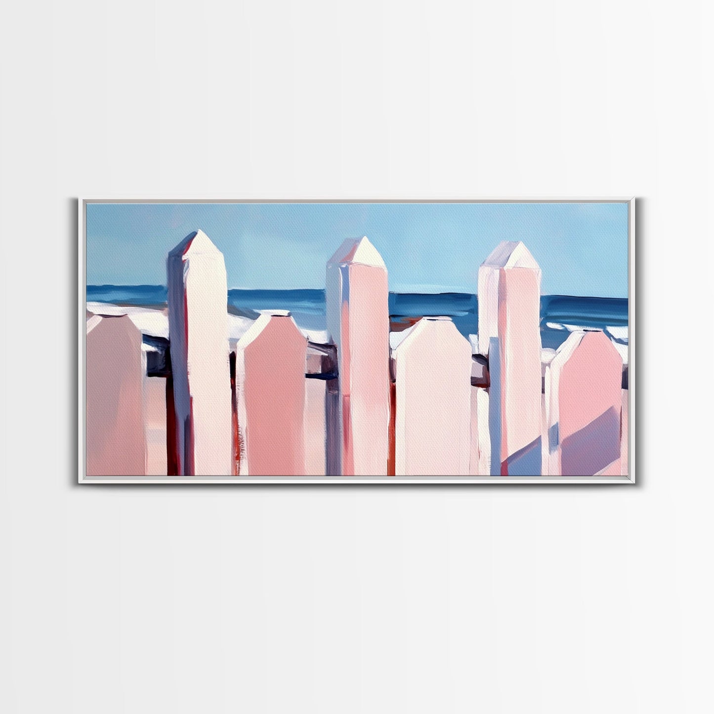 Beach Fence Painting, Coastal Landscape Art, Nautical Wall Decor, Soft Pastel Colors, Framed Canvas Print, Extra Wide Art, Seaside Home