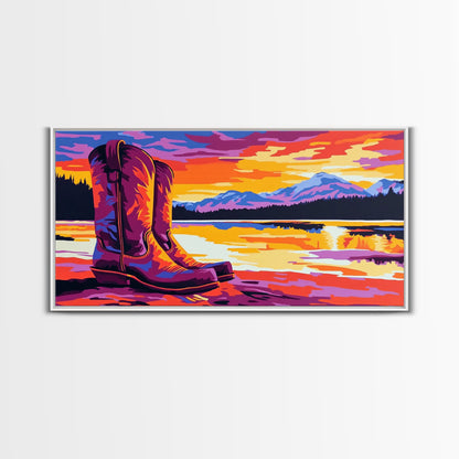 Cowboy boots, lake sunset, mountain painting, rustic western art, farmhouse decor, vibrant colors, extra wide art, canvas print
