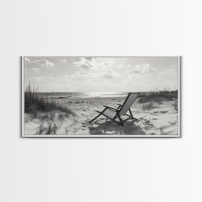 Beach Chair, Coastal Landscape Art, Minimalist Art, Wabi Sabi Art, Ocean View Print, Relaxing Decor, Framed Canvas Print, Nautical Wall Art