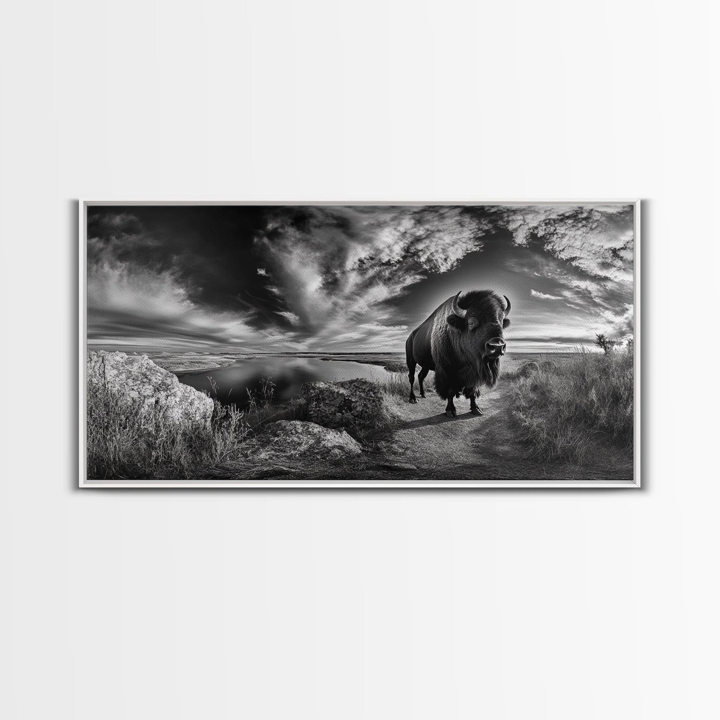 Bison Landscape, Southwest Wall Art, Rustic Wall Art, Moody Art, Panoramic Art, Extra Wide Art, Nature Wall Art, Framed Canvas Print