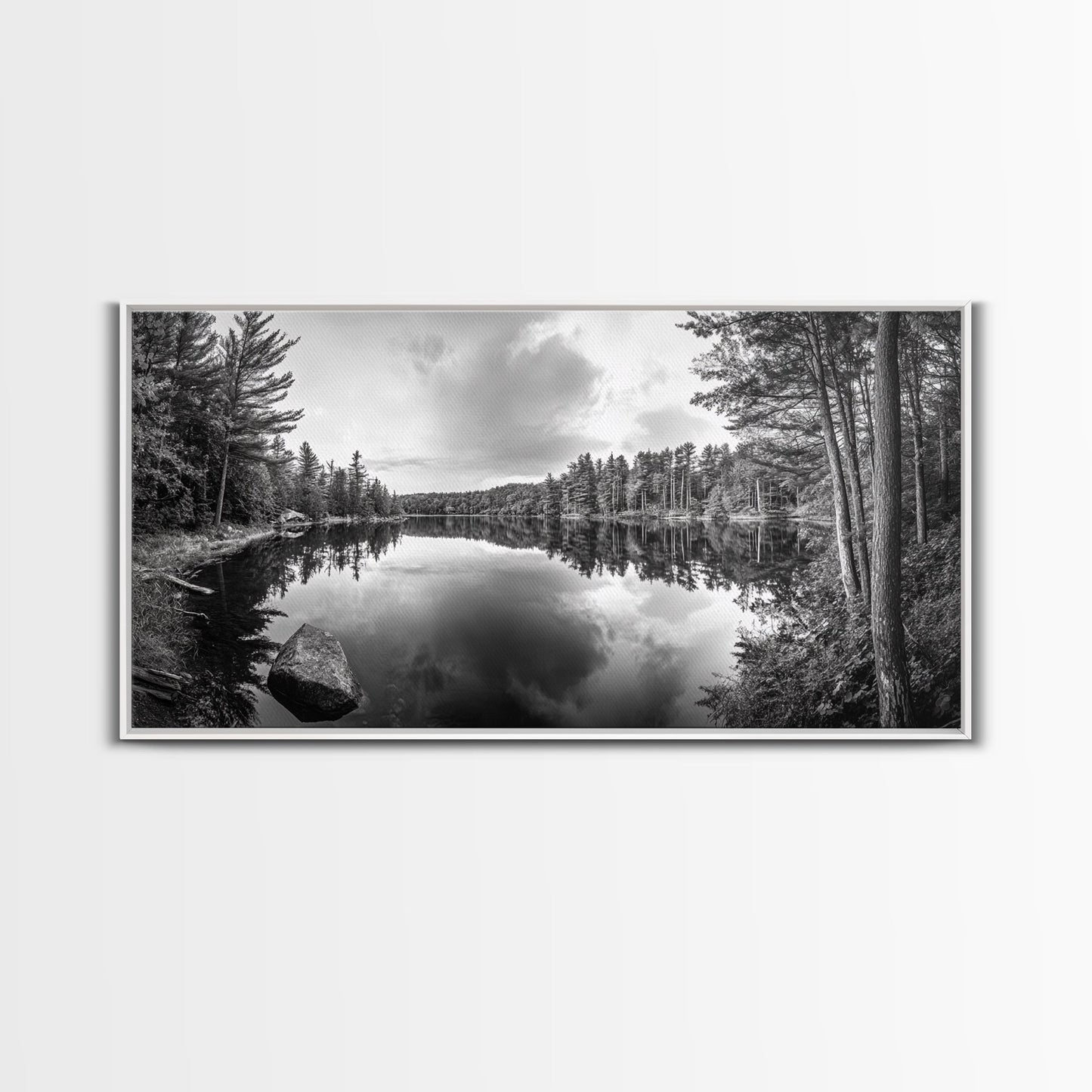 Lake reflection, pine tree art, landscape painting, wabi sabi art, rustic decor, panoramic painting, extra wide art, framed canvas print